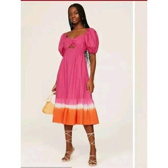 Sachin + Babi Bri Dress Fuchsia Orange Size 2 Puff Sleeve Midi Pockets - Picture 1 of 12